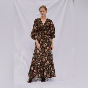 Somner Women’s Organic Cotton Small Black Indian Flower smocked Long Dress